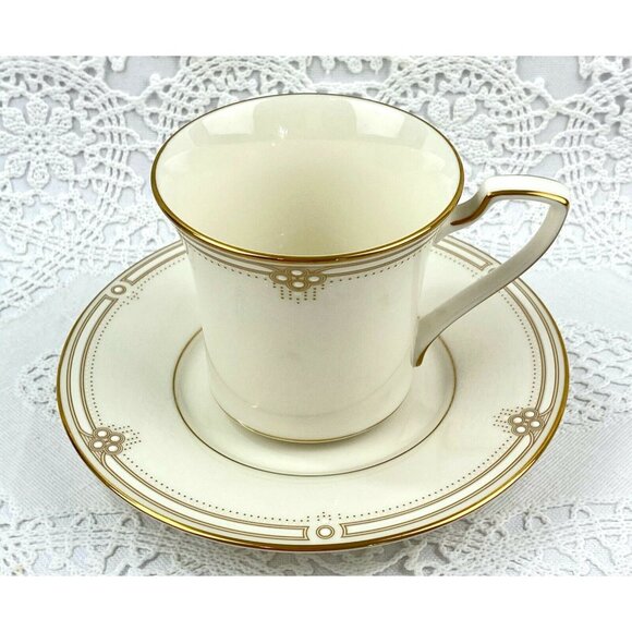 Noritake Satin Gown 6 Flat Cup & Saucer Cream Gold Trim Embossed White Dots - Picture 5 of 12